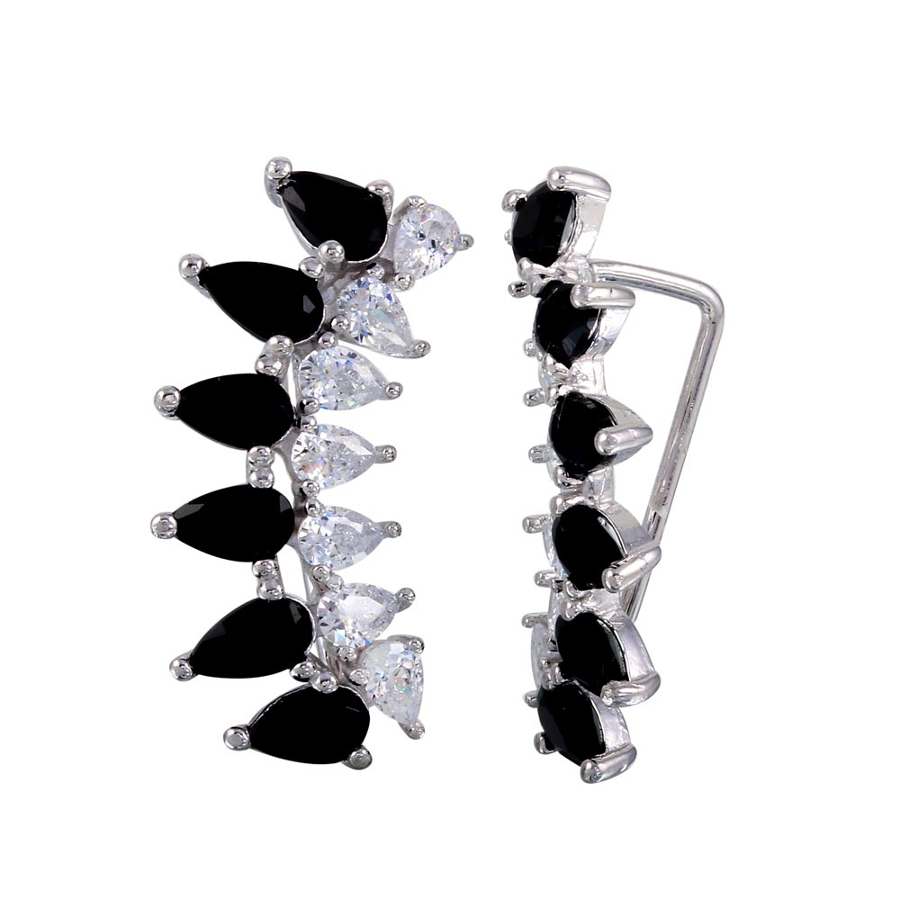 Sterling Silver Rhodium Plated Pear Shape Black CZ Climbing Earrings