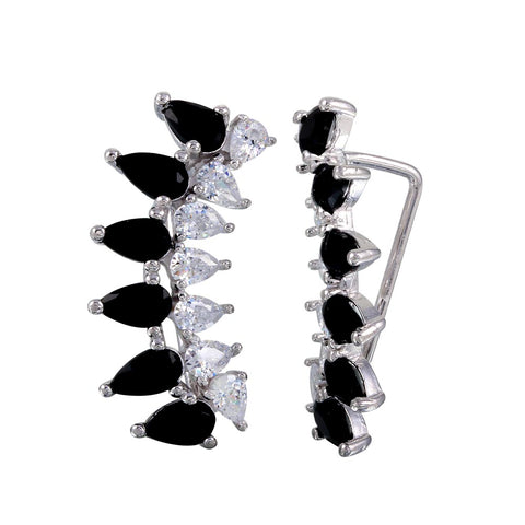 Sterling Silver Rhodium Plated Pear Shape Black CZ Climbing Earrings
