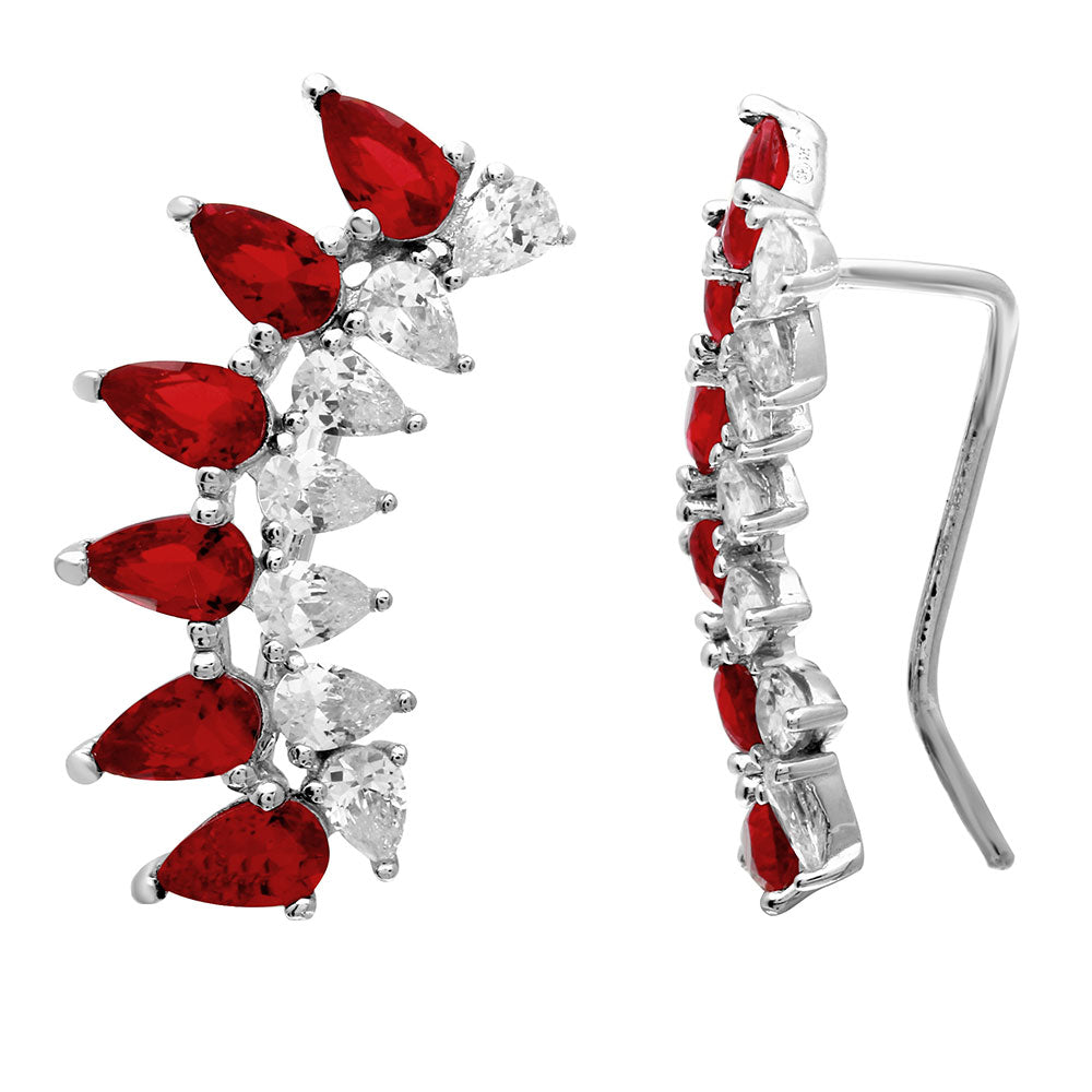 Sterling Silver Rhodium Plated Pear Shape Clear And Red CZ Climbing Earrings