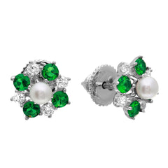 Sterling Silver Rhodium Plated Green CZ Flower Earrings With Center Fresh Water Pearl