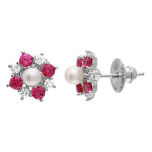 Load image into Gallery viewer, Sterling Silver Rhodium Plated Red CZ Flower Earrings With Center Fresh Water Pearl