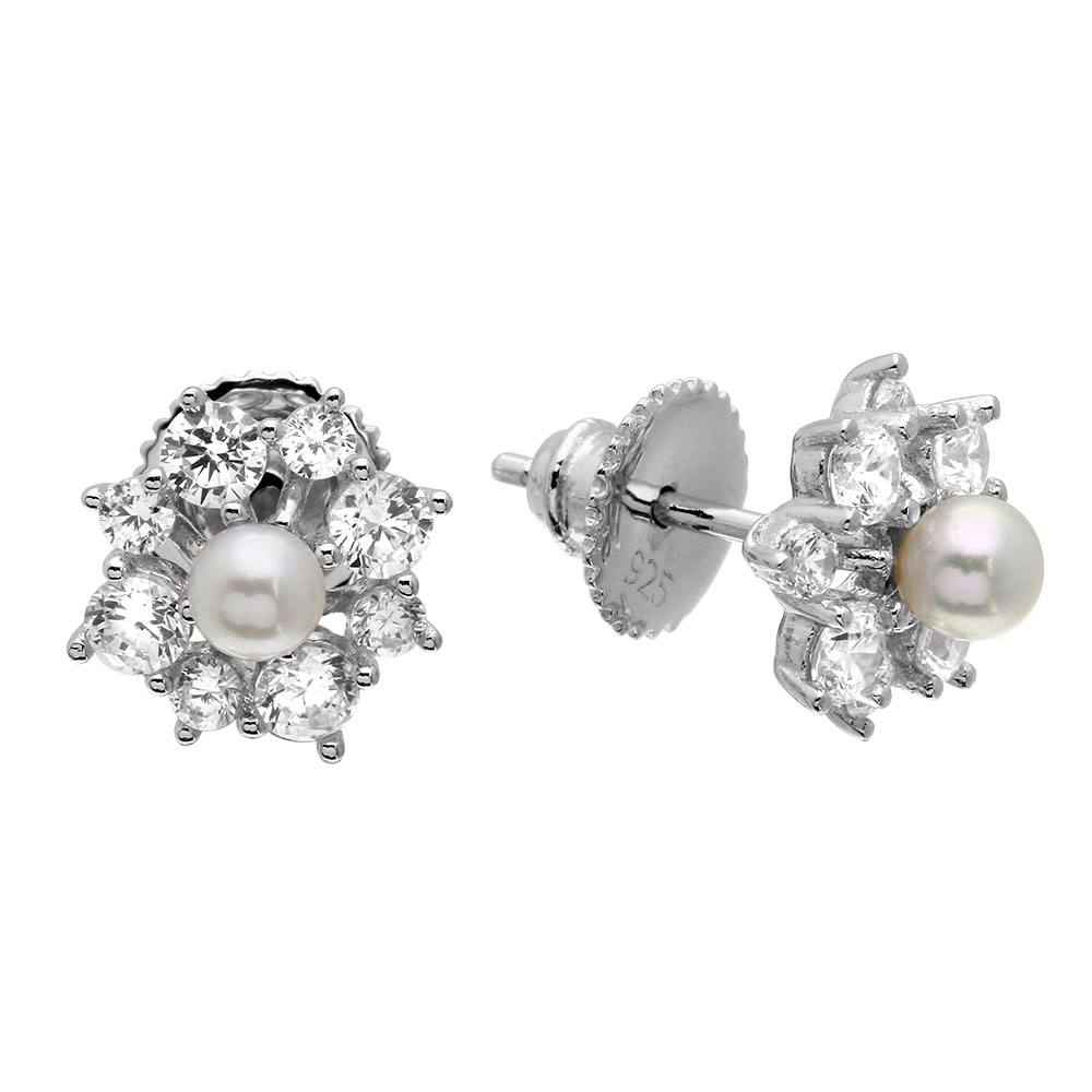 Sterling Silver Rhodium Plated Clear CZ Flower Earrings With Center Fresh Water Pearl