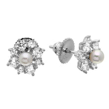 Load image into Gallery viewer, Sterling Silver Rhodium Plated Clear CZ Flower Earrings With Center Fresh Water Pearl