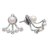 Sterling Silver Rhodium Plated Fresh Water Pearl Hanging Earring With CZ Stones