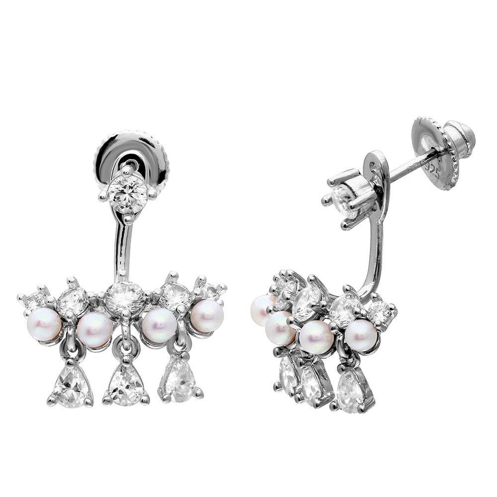 Sterling Silver Rhodium Plated Chandelier CZ And Fresh Water Pearl Earrings
