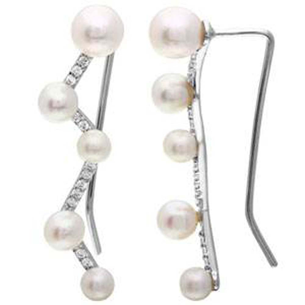 Sterling Silver Rhodium Plated CZ And Round Fresh Water Pearl Climbing Earrings