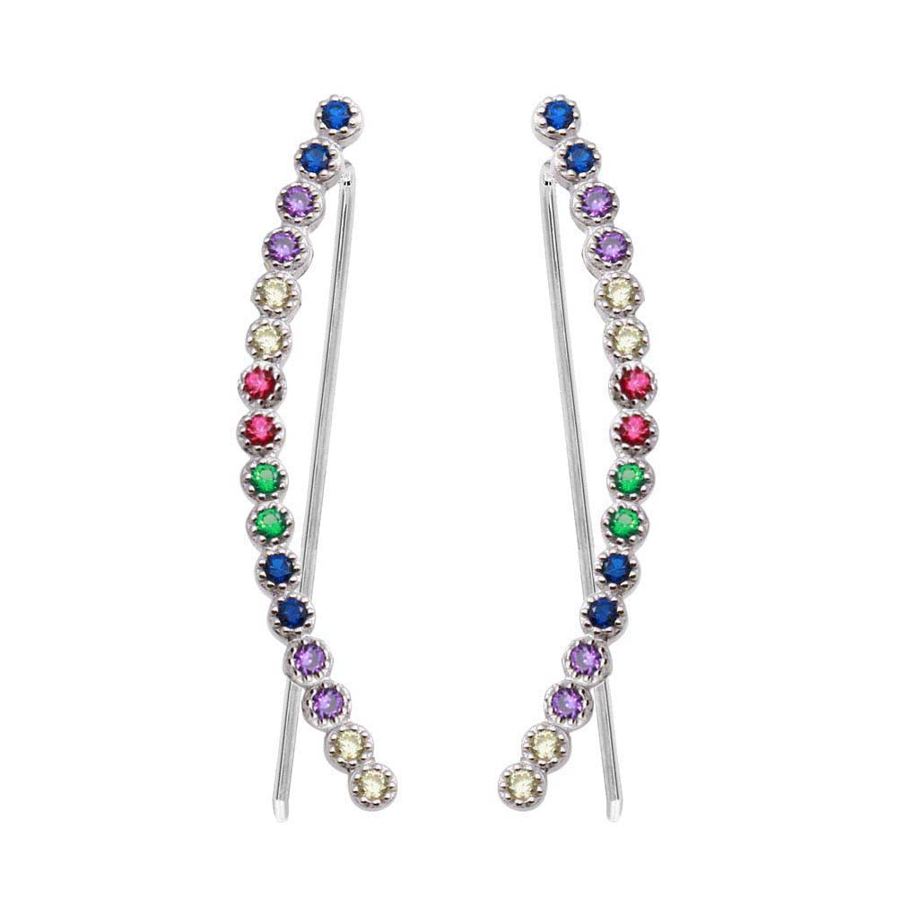 Sterling Silver Rhodium Plated Multi-Colored CZ Stone Climbing Earrings