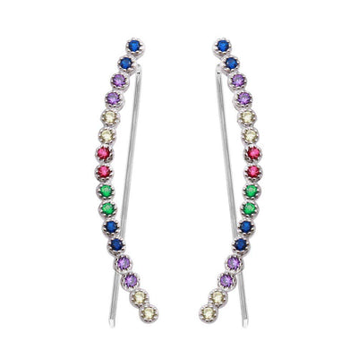 Sterling Silver Rhodium Plated Multi-Colored CZ Stone Climbing Earrings