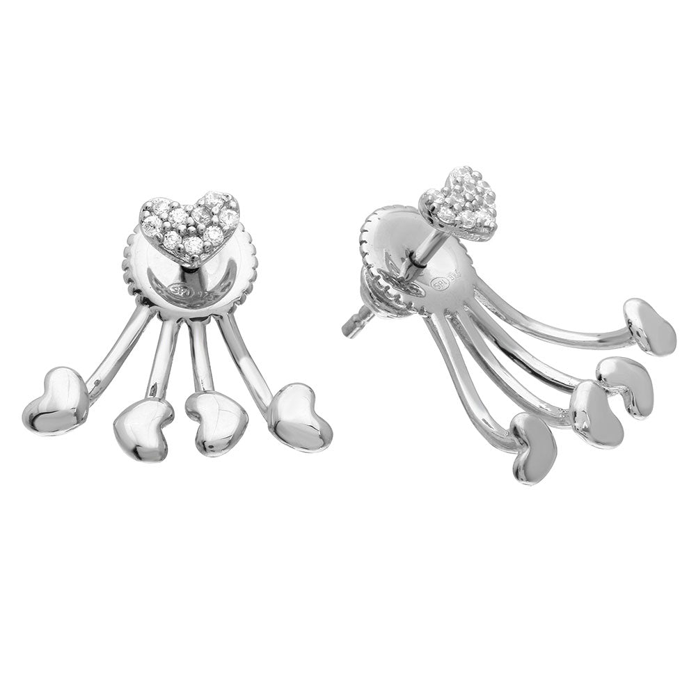 Sterling Silver  Rhodium Plated Heart With Hanging Heart Backing Earrings With CZ Stones