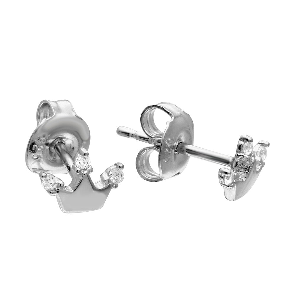 Sterling Silver Rhodium Plated Crown Shaped  Stud Earrings With CZ Stones