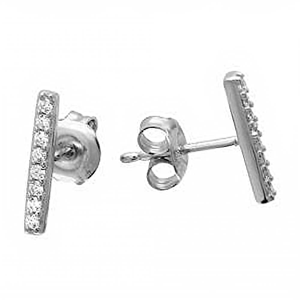 Sterling Silver Rhodium Plated Bar Shaped Stud Earrings With CZ Stones