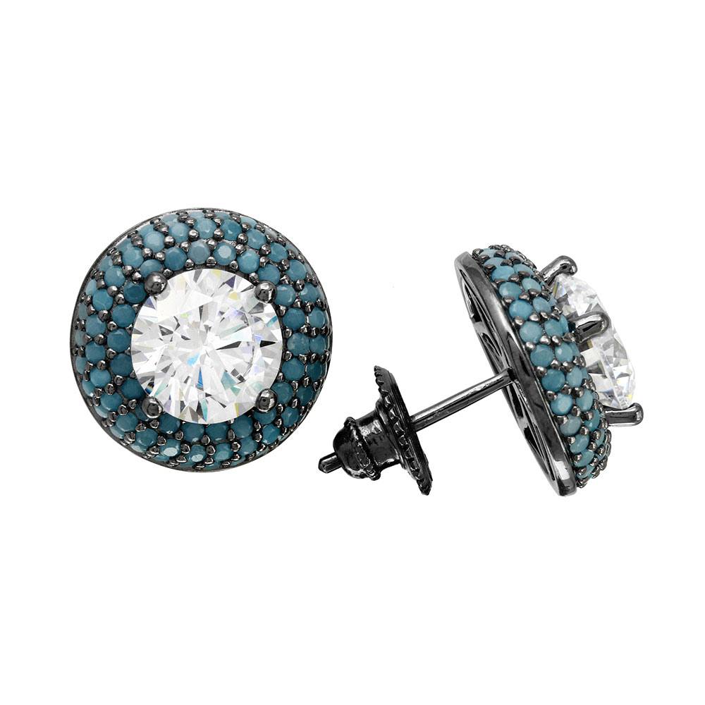 Sterling Silver Black Rhodium Plated Halo Round Shaped Stud Earrings With Blue CZ