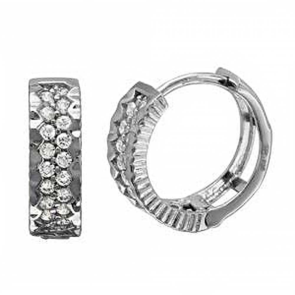 Sterling Silver Rhodium Plated Two Row CZ Bordered Hoop Earrings