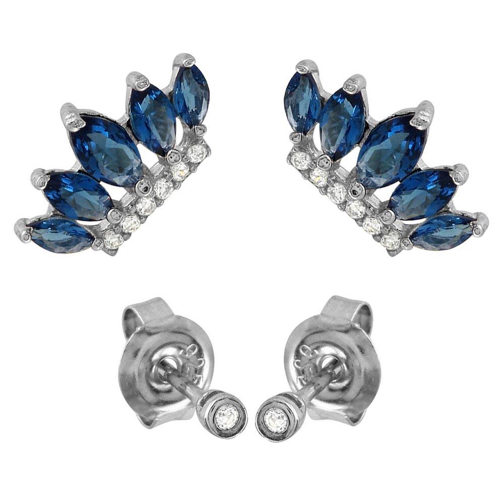 Sterling Silver Rhodium Plated Two CZ Studs And Two Blue Crown Earrings