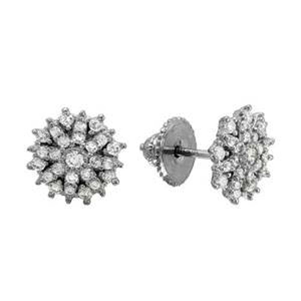 Sterling Silver Rhodium Plated Encrusted Flower Shaped Stud Earrings With CZ Stones