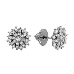 Sterling Silver Rhodium Plated Encrusted Flower Shaped Stud Earrings With CZ Stones