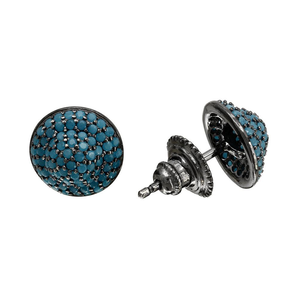 Sterling Silver Black Rhodium Plated Dome Shaped Stud Earrings With Turquoise CZ