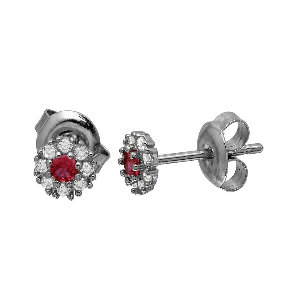Sterling Silver Rhodium Plated CZ Flower Stud Earring With Red Center Stone Earring
