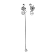 Load image into Gallery viewer, Sterling Silver Rhodium Plated Ball CZ with White Fresh Water Pearl Long Pin Earrings