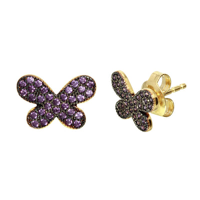 Sterling Silver Gold Plated Butterfly Studs Earrings With Purple CZ Stones