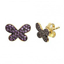 Load image into Gallery viewer, Sterling Silver Gold Plated Butterfly Shaped  Stud Earrings With Purple CZ