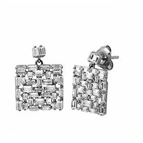 Sterling Silver Rhodium Plated Square Multi Baguette CZ Dangling Earrings