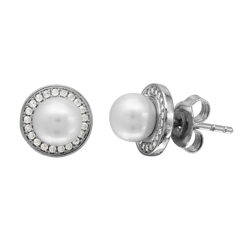 Sterling Silver Rhodium Plated Halo CZ Stud Earrings with Fresh Water Center Pearl