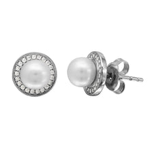 Load image into Gallery viewer, Sterling Silver Rhodium Plated Halo CZ Stud Earrings with Fresh Water Center Pearl