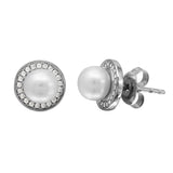 Sterling Silver Rhodium Plated Halo CZ Stud Earrings with Fresh Water Center Pearl