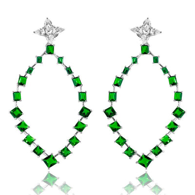 Sterling Silver Rhodium Plated Dangling Teardrop Earrings With Green And Clear CZ