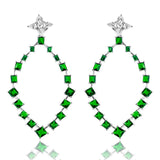 Sterling Silver Rhodium Plated Dangling Teardrop Earrings With Green And Clear CZ