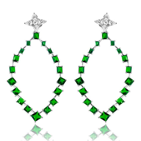 Sterling Silver Rhodium Plated Dangling Teardrop Earrings With Green And Clear CZ