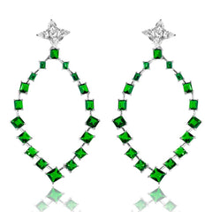 Sterling Silver Rhodium Plated Dangling Teardrop Earrings With Green And Clear CZ