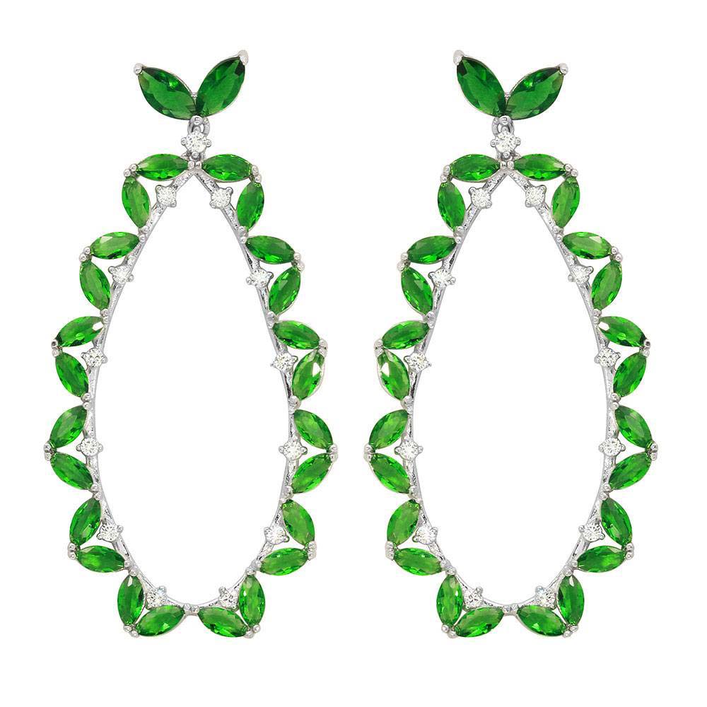 Sterling Silver Rhodium Plated Hanging Oval Shaped Earrings With Green And Clear CZ