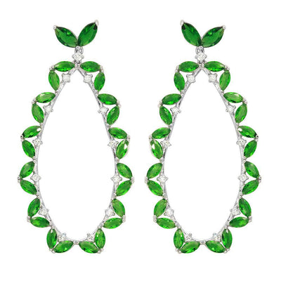 Sterling Silver Rhodium Plated Hanging Oval Shaped Earrings With Green And Clear CZ