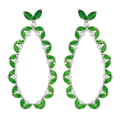 Sterling Silver Rhodium Plated Hanging Oval Shaped Earrings With Green And Clear CZ