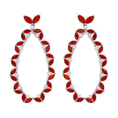 Sterling Silver Rhodium Plated Hanging Oval Shaped Earrings With Red And Clear CZ