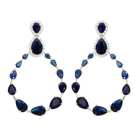 Sterling Silver Rhodium Plated Teardrop With Open Hanging Graduated Earrings With Blue And Clear CZ