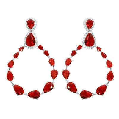 Sterling Silver Rhodium Plated Teardrop With Open Hanging Graduated Earrings With Red And Clear CZ