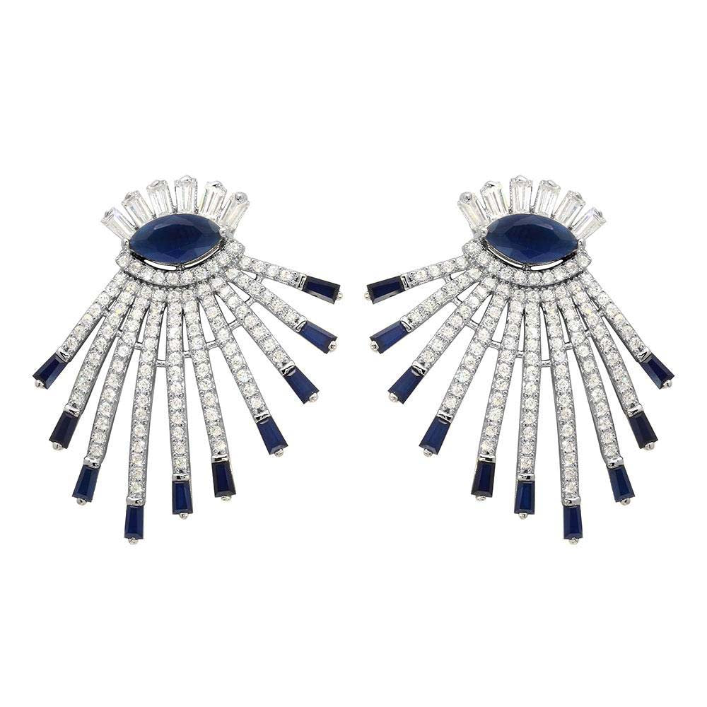 Sterling Silver Rhodium Plated Drop Earrings With Blue And Clear CZ