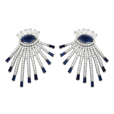 Sterling Silver Rhodium Plated Drop Earrings With Blue And Clear CZ