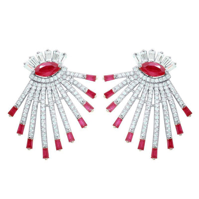 Sterling Silver Rhodium Plated Drop Earrings With Red And Clear CZ