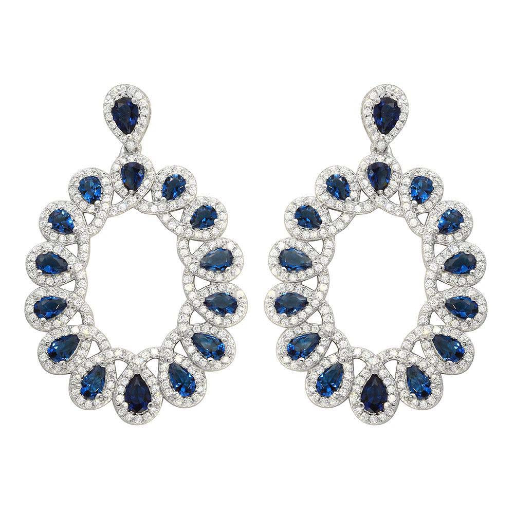 Sterling Silver Rhodium Plated Open Oval Shaped Hanging Earrings With Blue And Clear CZ