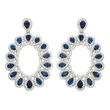 Load image into Gallery viewer, Sterling Silver Rhodium Plated Open Oval Shaped Hanging Earrings With Blue And Clear CZ