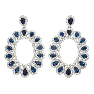 Sterling Silver Rhodium Plated Open Oval Shaped Hanging Earrings With Blue And Clear CZ