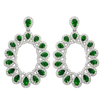 Sterling Silver Rhodium Plated Open Oval Shaped Hanging Earrings With Green And Clear CZ