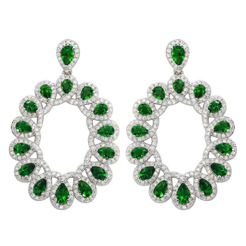 Sterling Silver Rhodium Plated Open Oval Shaped Hanging Earrings With Green And Clear CZ