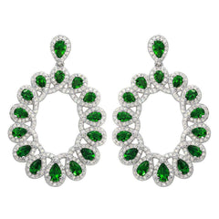 Sterling Silver Rhodium Plated Open Oval Shaped Hanging Earrings With Green And Clear CZ