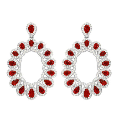 Sterling Silver Rhodium Plated Open Oval Shaped Hanging Earrings With Red And Clear CZ