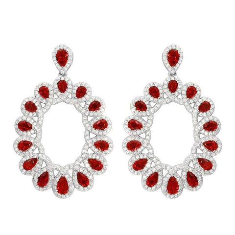 Sterling Silver Rhodium Plated Open Oval Shaped Hanging Earrings With Red And Clear CZ